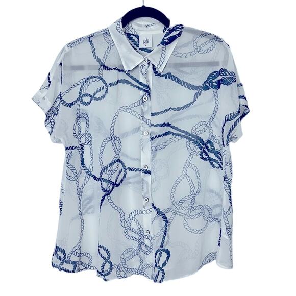 Cabi White and Navy Blue Nautical Short sleeve sheer button down size medium - Picture 2 of 5